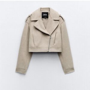 Zara Small S Felt Textured Crop Biker Jacket tan beige Women’s NWT